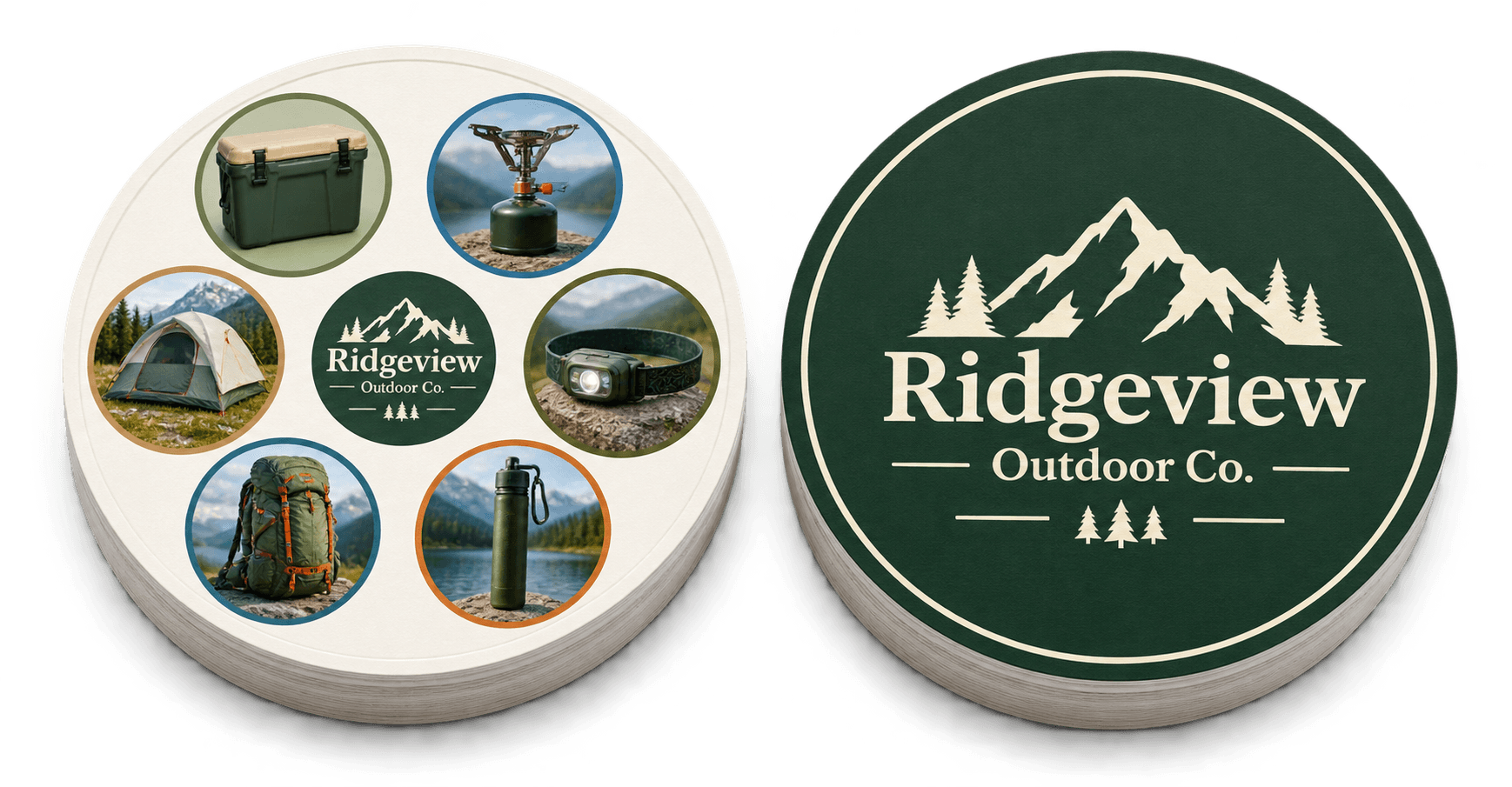 Two PairPops matching game discs: the left disc personalized with a brand's own product photography, the right disc showing the branded reverse side with the company logo