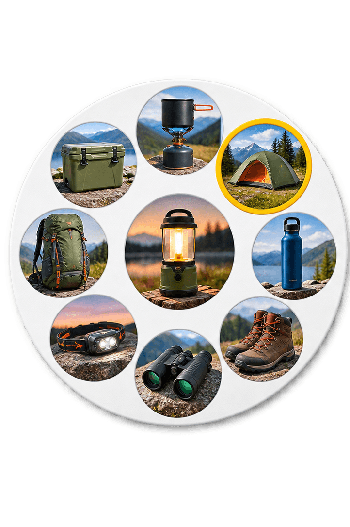 Ridgeview PairPops Card A showing eight product images, with the tent image highlighted as the matching image.
