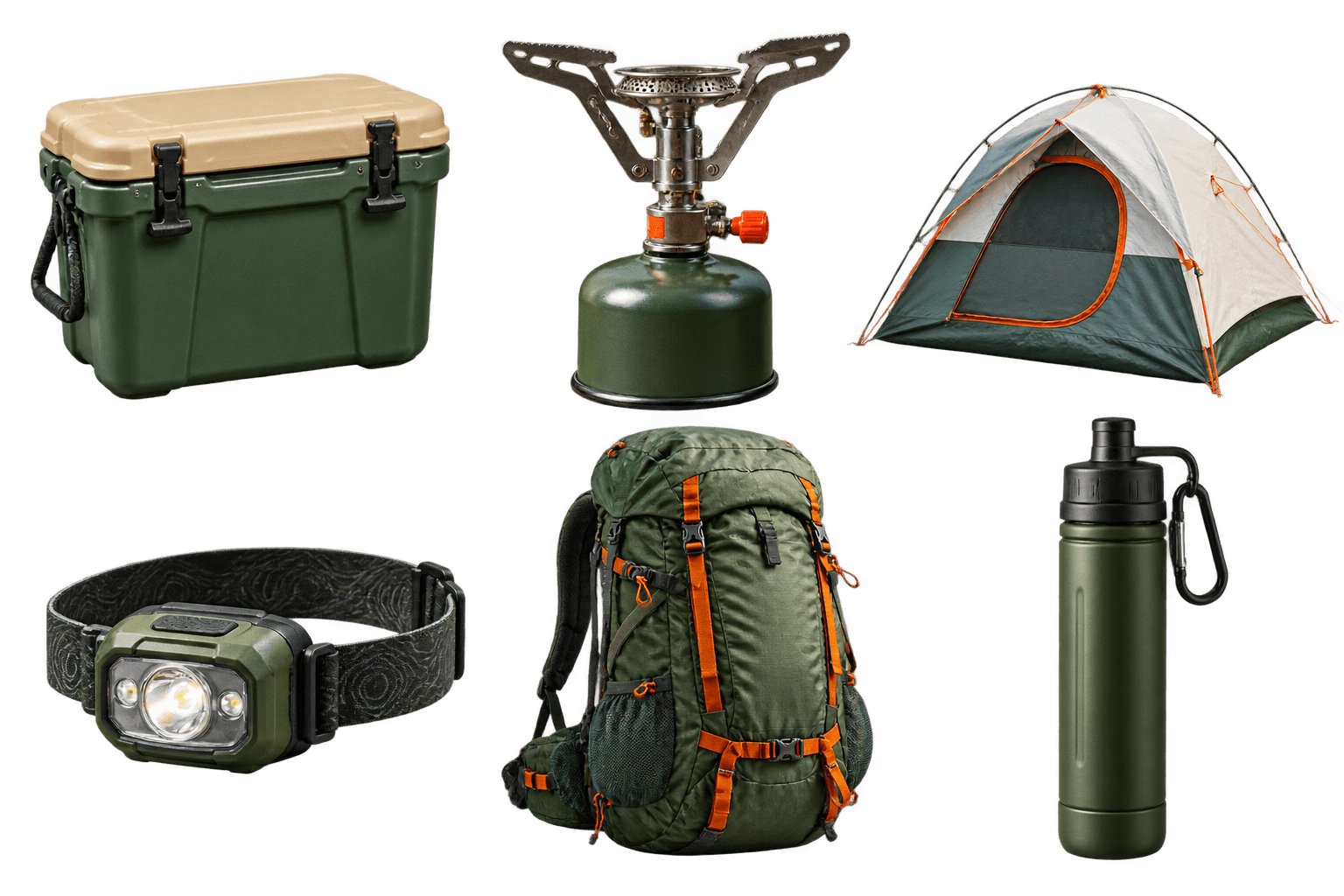 Six individual Ridgeview Outdoor Co. product photos: a cooler, camp stove, tent, headlamp, backpack and water filter