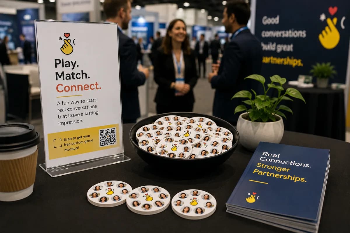 A trade show booth with a bowl of PairPops matching discs, a "Play. Match. Connect." sign with a QR code for a free mockup, and attendees talking in the background