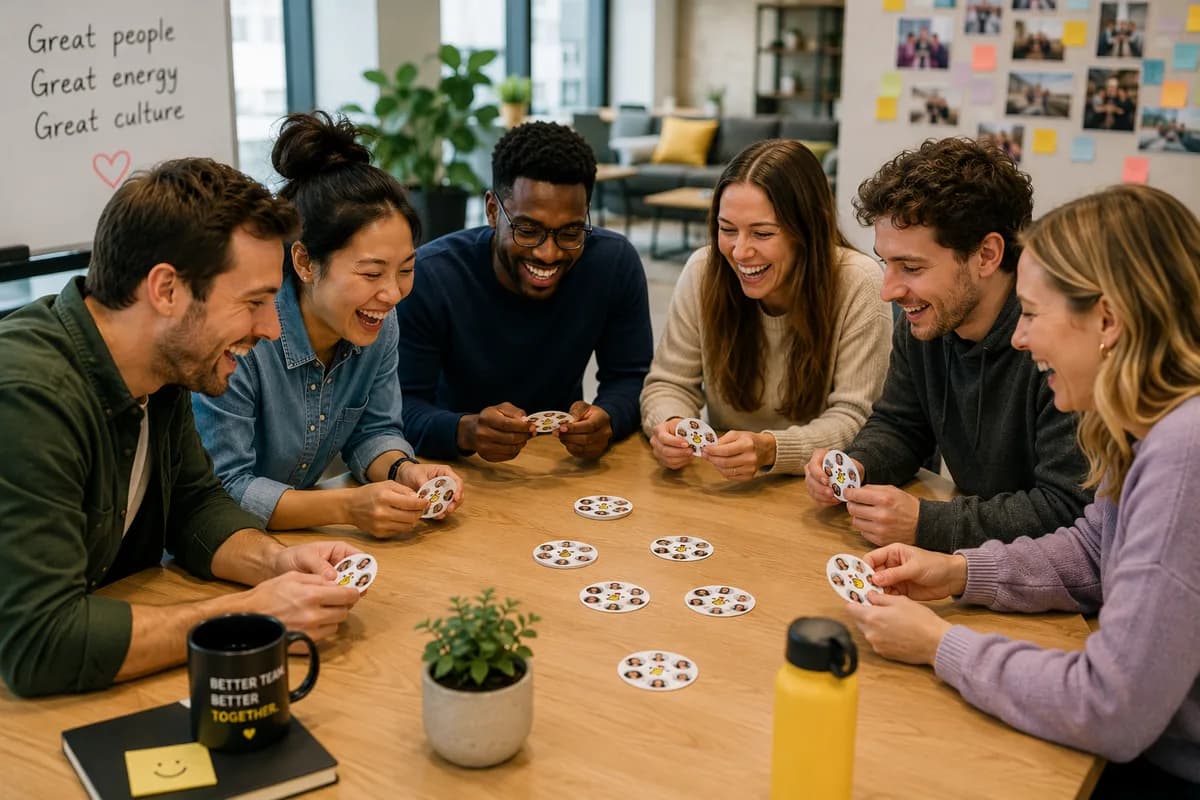 A team of six colleagues laughing together around a table while playing a PairPops matching card game with photo discs